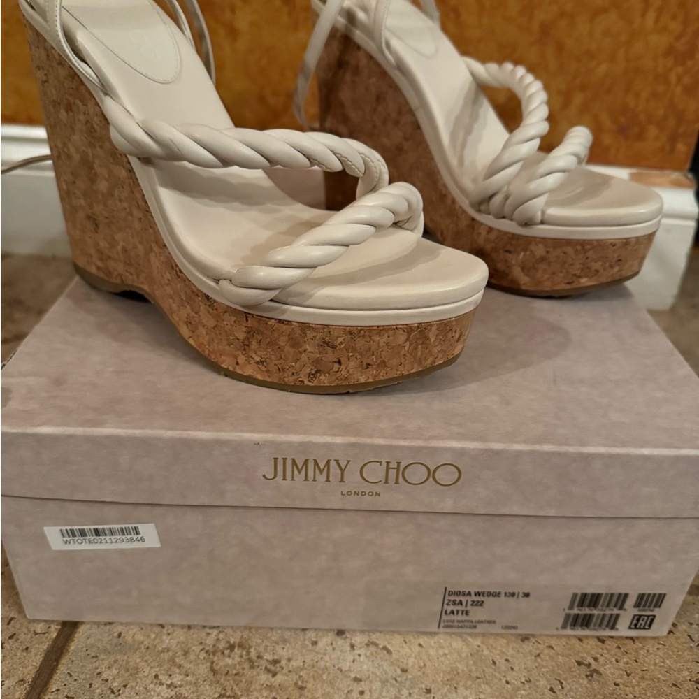 Jimmy Choo Cream Strappy “Diosa Wedge” Sandals - Picture 6 of 7